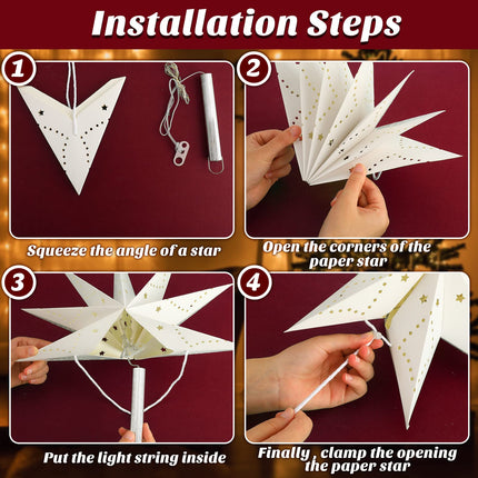 3 Set Star Paper Lantern Hanging Hollow Out Star Light White 7 Pointed Glitter Star with LED Light Battery Box Hanging Decorations for Christmas Birthday Holiday Wedding Home 13.8 Inch