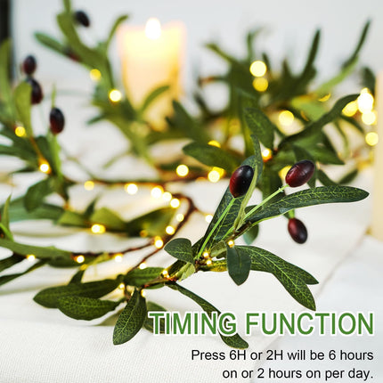 BOHON Greenery Garland Lighted Olive Branches 6FT 96 LEDs Fairy Lights Battery Operated with Timer, Artificial Olive Green Vine with Lights, Mantel Decorations for Fireplace Wall Tree Christmas Decor