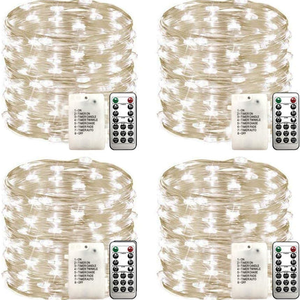 4 Pack 33Ft 100 Cool White Led Fairy Lights Battery Operated with Remote Control Timer Waterproof Silver Copper Wire Twinkle Lights