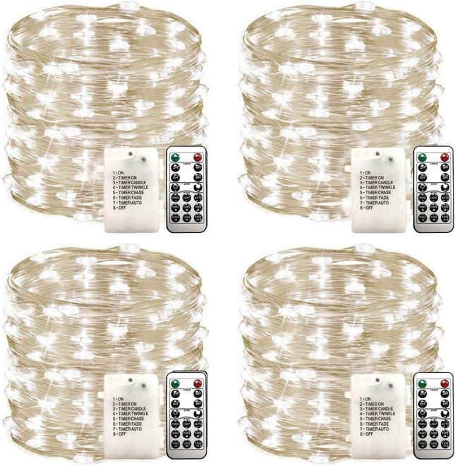 4 Pack 33Ft 100 Cool White Led Fairy Lights Battery Operated with Remote Control Timer Waterproof Silver Copper Wire Twinkle Lights