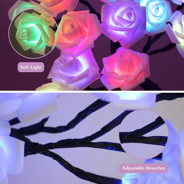 Fanshunlite Tabletop Bonsai Tree Colorful 18" 24 LED Rose Flower Tree with 18 Colors Changing, Table Lamp for Girls Teens, Multi Color Light Decorative Desk Tree for Home Party Wedding Bedroom, Red