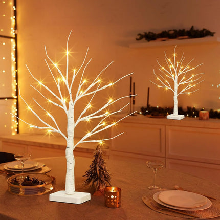 EAMBRITE Birch Tree with Led Lights, White Christmas Decorations Indoor with Timer, Lighted Mini Small Artificial Lamp Prelit Twig Tree Battery Operated for Table Centerpiece Home Decor 2Pack