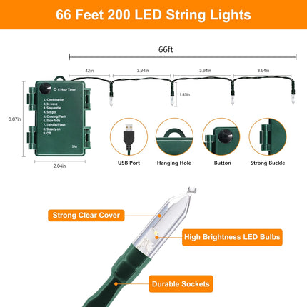 Christmas Lights, 66ft 200 LED String Lights with Timer, USB or Battery Operated String Lights Waterproof 8 Modes Lights for Christmas Tree Wreath Indoor Outdoor Decor, Warm White