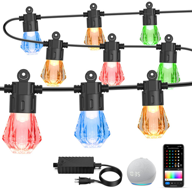 XMCOSY+ 96FT Smart Outdoor String Lights - RGBCWIC Dimmable Acrylic Bulbs, Color Changing LED Patio Lights APP WiFi Control, Work with Alexa, IP65 Waterproof Outdoor Lights for Backyard Porch