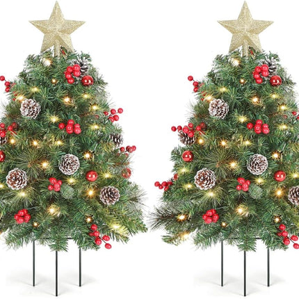 33 inch Christmas Trees with LED Lights 2 Pack, Outdoor Prelit Christmas Trees, Small Artificial Christmas Tree with Ornaments for Porch, Driveway, Yard, Garden