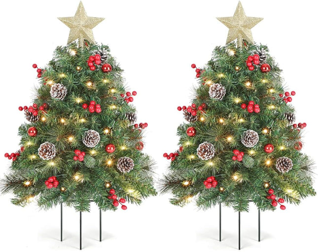 33 inch Christmas Trees with LED Lights 2 Pack, Outdoor Prelit Christmas Trees, Small Artificial Christmas Tree with Ornaments for Porch, Driveway, Yard, Garden