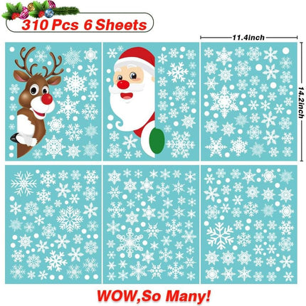 HINZER 310Pcs Christmas Window Clings Christmas Window Decorations Xmas Window Flakes Christmas Decals for Home Deer Santa Claus and Snowflakes
