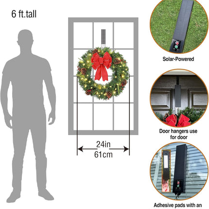 Solar Christmas Wreath Pre-Lit Solar 50 Led Artificial Wreath Outdoor Front Door Window Christmas Decorations with Frosted Branches Pine Cones Berry Clusters Red Velvet Bows 24 Inches