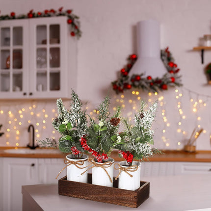 Yunlly Christmas Centerpieces Red Berry Christmas Artificial Pine Cone Snow Branches Picks with Wood Box for Rustic Farmhouse Winter Christmas Table Mantel Decoration