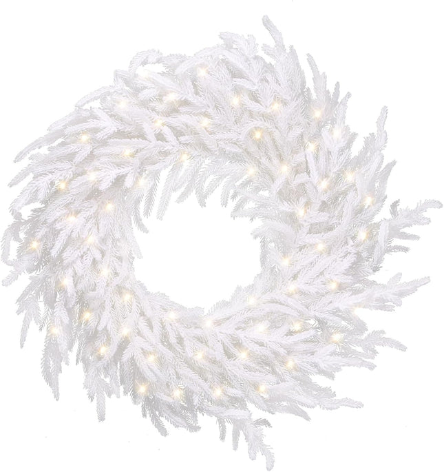 24" Prelit Christmas Wreath for Front Door 50LED Real Touch Norfolk Pine Wreath Artificial Faux Pine Wreath Realistic Holiday Decoration for Home Decor (White)