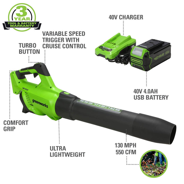 Greenworks 40V (550 CFM / 130 MPH) Brushless Axial Leaf Blower 4Ah USB Battery and Charger with 40V String Trimmer