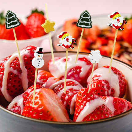 100 Pcs Christmas Cocktail Picks, Appetizer Decorative Toothpicks, Fruits Pick Wooden Bamboo Toothpicks Skewers for Christmas Cake Toppers Decorations, Drink Fruit Desser, Party Food