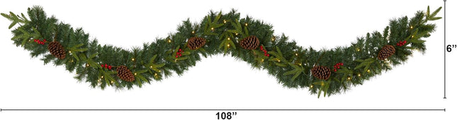 Nearly Natural 9ft. Mixed Pine Artificial Christmas Garland with 50 Clear LED Lights, Berries and Pinecones