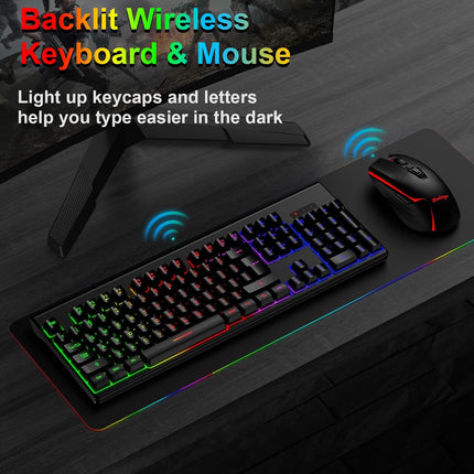 Wireless Gaming Keyboard and Mouse, Rechargeable Rainbow Backlit Wireless Keyboard and Ergonomic Light Up Mouse Combo for Windows, Mac, PC, Laptop