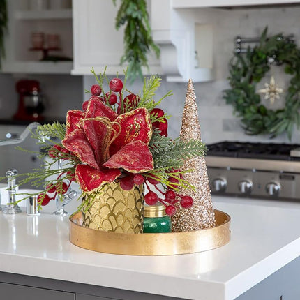 Briful 9.8 Inch Christmas Tree Small Artificial Potted Christmas Arrangment in Gold Pot with Red Berries,Holly,Red Magnolia Xmas Flowers for Centrepieces Table Farmhouse Countertop Décor