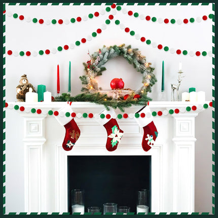 MARFOREVER 4 Pack 26.3 Feet Christmas Pom Pom Garland Ornaments Red White Green 30 Balls Garlands Christmas Felt Garland Hanging Supplies for Xmas School Classroom Fireplace Wall Home Party Decor