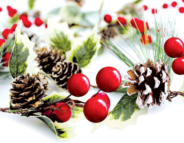 Winter Garland Christmas Decoration of Red Berries, Pine Cones, Holly & Evergreen Pine Needle – Unlit Holiday Berry Décor for Home, Kitchen, Bar & Fireplace & Decorative Outdoor Greenery 6 Ft Long