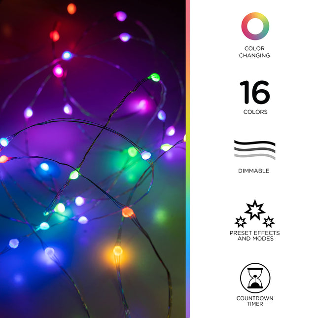 ENBRIGHTEN LED Wi-Fi Smart String Lights, Color Changing, USB Powered, Smart Control, Bluetooth, Various Color Options, Fairy Lights, Bedroom, Patio, Living Room, Play Room, and More, 69281-T2