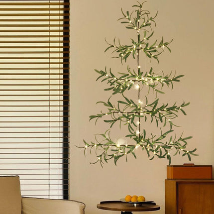 Fudios Lighted Wall Tree Artificial Olive Leaf with Timer 3.5FT 140 LED Fairy Lights for Home Room Christmas Holiday Decoration