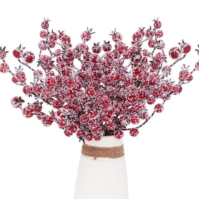 Kesywale 12Pcs Artificial Snowy Red Berry Picks Stems Christmas Frosted Holly Berry Branches Xmas Winter Twig Spray Holiday Arrangements Table Centerpieces DIY Crafts 10.6" Tall (Red, 12)