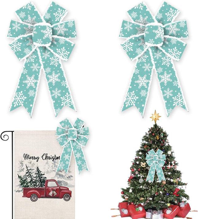 2PCS Christmas Bow for Wreath, Velvet Green Blue Snowflake Wreath Bow for Christmas Décor Winter Snowflake Bow for Front Door Indoor Outdoor Wall Tree Topper Decoration Supplies Ornament