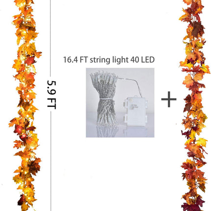 Artiflr 2 Pack Fall Garland Maple Leaf with 16.4Ft 40 LED String Light, 5.9Ft/Piece Hanging Vine Garland Artificial Autumn Foliage Garland Thanksgiving Decor for Home Wedding Fireplace Party Christmas