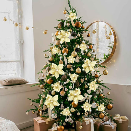 Geefuun 28PCS Christmas Tree Decorations: Poinsettias Artificial Flowers Ornaments Xmas Gold Glitter Flower with Clips