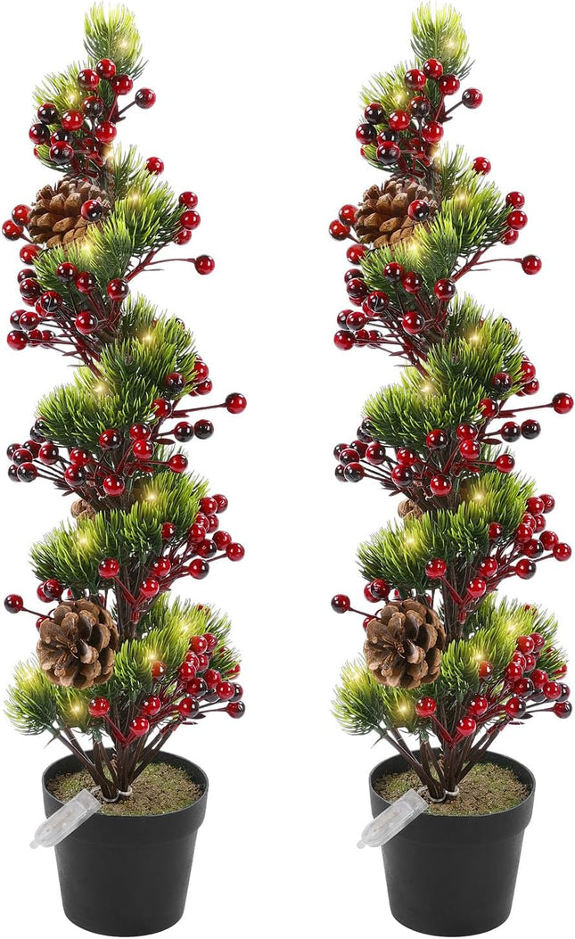 HiiARug 2 Packs Pre-lit Artificial Mini Christmas Tree, 21" Pre-lit Christmas Tree Tabletop Trees with Pine Cones, Red Berries, Pot Faux Christmas Tree for Front Porch Indoor Outdoor Christmas Decor