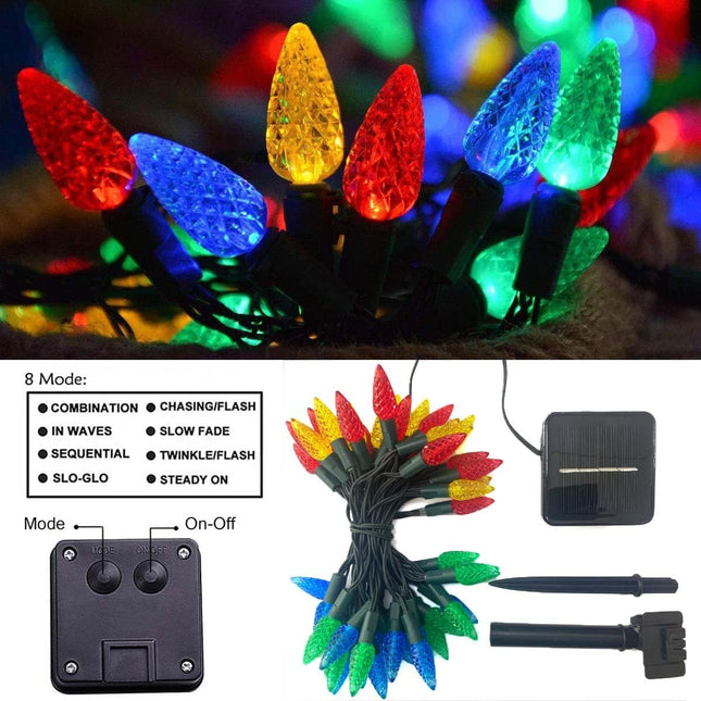 39Ft 100 LED Solar C6 LED Christmas Lights Outdoor, 8 Modes C6 Strawberry Multicolored String Lights Outdoor Waterproof Rechargeable Garden Lights for Christmas Tree, Holiday, Patio, Arbor Decor