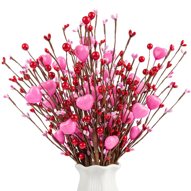 6 Pack Valentine’s Day Picks Artificial Berry Flower Stems Picks with Pink Hearts for Valentines Day Decor and s Wedding Anniversary Decorations(16inch Pink)
