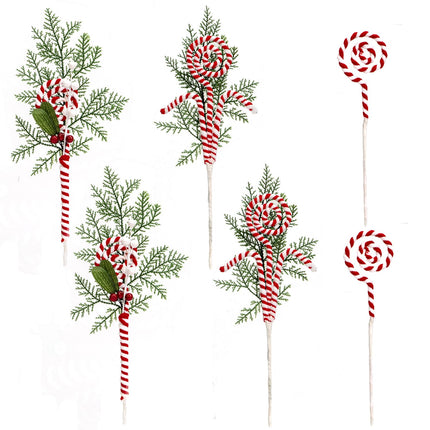 Pack of 6 Candy Cane Christmas Decorations Red White Woolen Candy and Lollipop Curly Picks Candy Ornaments for Xmas Tree Topper Wreath Vase Filler Home Office Party Decor (Red White)