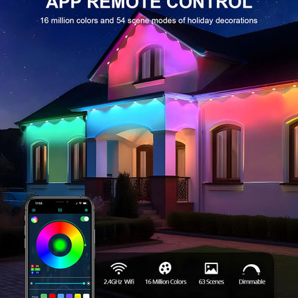 Permanent Outdoor Lights,Smart RGBIC Outdoor String Lights with 75 Scene Modes,50ft LED Eaves Lights,IP67 Waterproof,Party,Halloween,Christmas Decoration,Work with Alexa,Google Assistant
