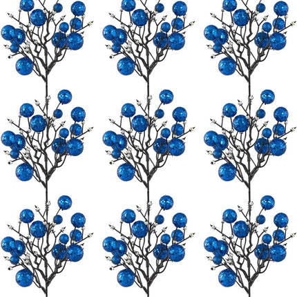 KI Store Blue Christmas Berry Picks Set of 9 Artificial Glittered Berries Stems Tree Ornaments for Patriotic Xmas Tree Wreath Garland Decor
