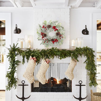 Christmas Wreath, 18 Inch Flocked Snow Wreath with Frosted Branches, Berries and Pine Cones for Front Door Decoration Indoor Window Wall Fireplace Xmas Décor