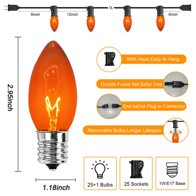 Halloween C9 Orange Lights String, 25Ft Vintage Christmas Lights with 26 Clear Orange Light Bulb(1 Spare), Extendable Black Wire Halloween Orange Lights for Indoor Outdoor Christmas Tree Decor