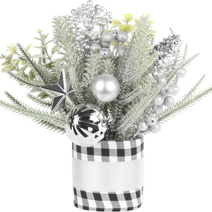 SY Super Bang Small Buffalo Check Plaid Christmas Tree, Artificial Mini Tabletop Christmas Tree Decorations with Silver Ornaments, for Home Holiday Indoor Party Xmas Decor.