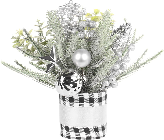 SY Super Bang Small Buffalo Check Plaid Christmas Tree, Artificial Mini Tabletop Christmas Tree Decorations with Silver Ornaments, for Home Holiday Indoor Party Xmas Decor.
