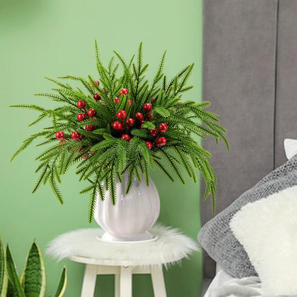 Watayo 45 Pcs Christmas Norfolk Pine Branches with Red Berry Stems- 14" Artificial Greenery Norfolk Pine Stems Sprigs- Fake Foliage Pine Needles Picks for DIY Craft Garland Home Decoration