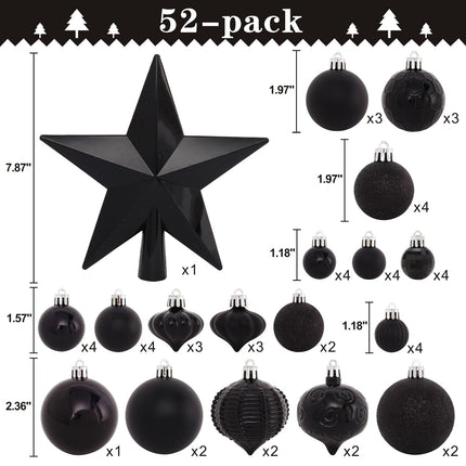 52-Pack Shatterproof Black Christmas Tree Ornaments and Star Topper - For Holiday Decor