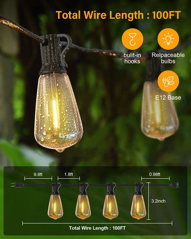 100FT LED Outdoor String Lights, 2700K LED Patio Lights with 50+2 Shatterproof Vintage Bulbs, Hanging String Lights Waterproof Outside for Porch, Backyard, Garden, Gazebo