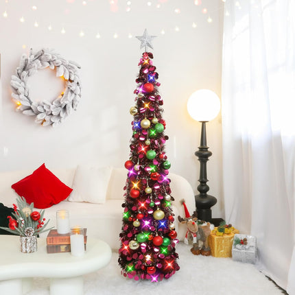 N&T NIETING Pop Up Christmas Tree with Lights & 30 Balls, 5Ft Collapsible Purple Tinsel Christmas Tree Decorations, Pencil Christmas Tree Skinny Christmas Tree for Holiday Xmas Home Office Decor