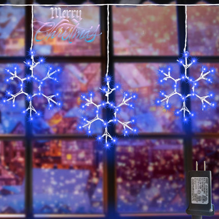 Christmas Snowflake Icicle Lights Outdoor, Blue Hanging 3 Pcs Large Snowflake Window Lights Waterproof Connectable LED Fairy String Lights for Indoor Home Roof Patio Tree Christmas Decoration