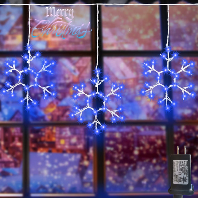 Christmas Snowflake Icicle Lights Outdoor, Blue Hanging 3 Pcs Large Snowflake Window Lights Waterproof Connectable LED Fairy String Lights for Indoor Home Roof Patio Tree Christmas Decoration