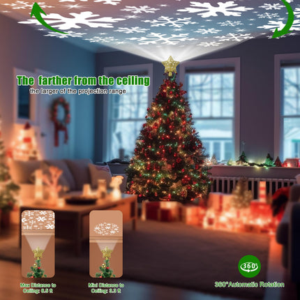 Christmas Star Tree Topper Lighted with 4 Projection Modes,Christmas Tree Topper Decoration Built-in LED Rotating Lights,Highlight Gold 3D Glitter Dynamic Projection for Christmas