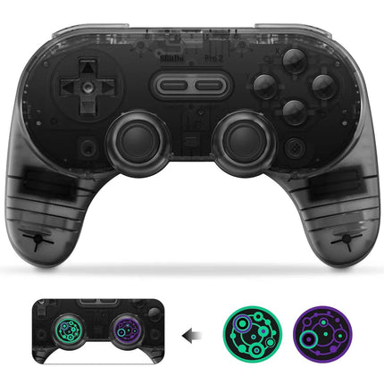 AKNES 8BitDo Pro 2 Bluetooth Wireless Controller for Switch/Switch OLED with 2pcs Silicone Joycon Thumb Grip Caps,Gamepads for Steam Deck,MacOS,iOS,PC,Android & Raspberry Pi(Clear/Transparent Black)