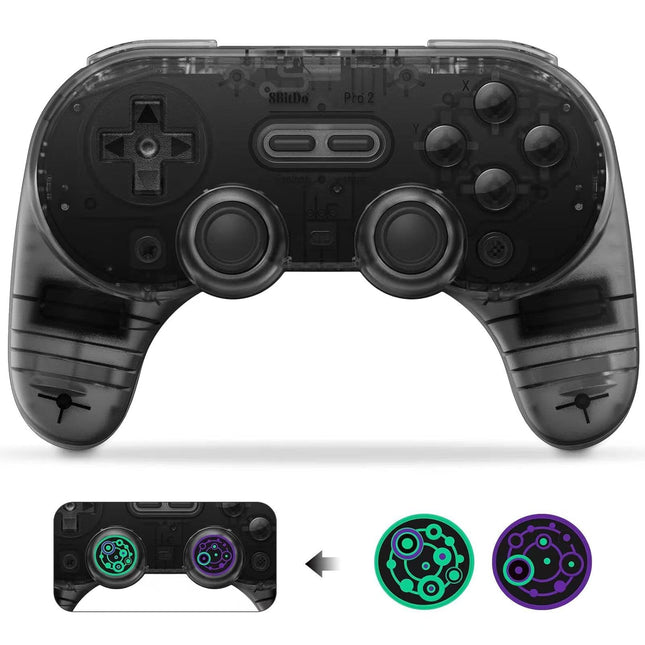 AKNES 8BitDo Pro 2 Bluetooth Wireless Controller for Switch/Switch OLED with 2pcs Silicone Joycon Thumb Grip Caps,Gamepads for Steam Deck,MacOS,iOS,PC,Android & Raspberry Pi(Clear/Transparent Black)