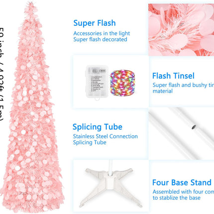 MACTING Pink Christmas Tinsel Tree with Lights, Easy-Assembly Glittery 5ft Pop up Christmas Tree for Holiday Party Winter Xmas Valentines Day Decorations