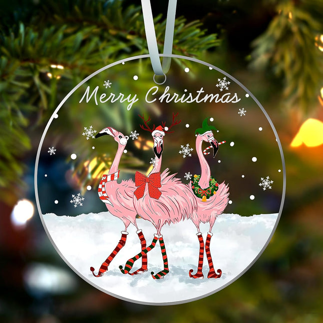 Christmas Tree Decorations Ornaments, Acrylic Pink Christmas Ornaments Pendant, Pink Christmas Decorations Indoor Outdoor Hanging Ornaments Holiday Wedding Party Decor Xmas for Kids (Flamingo)