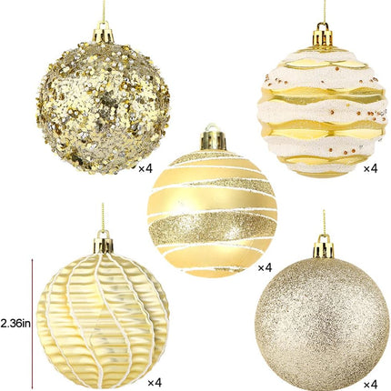Sattiyrch 20ct Christmas Balls Ornaments Set,60mm/2.36" Gold Shatterproof Plastic Decorative Christmas Tree Decorations Set (Golden)