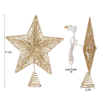 Christmas Star Tree Topper, Plug in 3D Star Tree Topper, 11”Golden Glittered Metal Hollow Designed Built-in 10 Bulbs String Lights for Christmas Tree Decorations